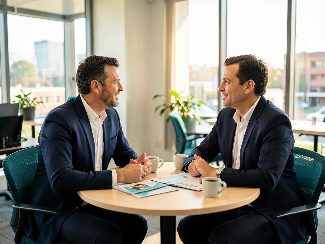 A one-on-one HR consultation over coffee in a bright office